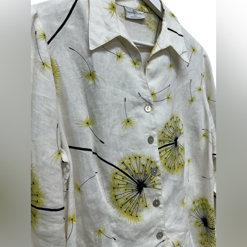 Robert Kitchen Women’s Sz L Linen Floral Blouse Button Up Shirt Dandelion Top - Picture 5 of 9